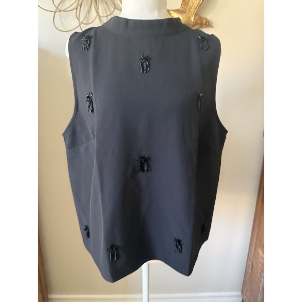 LOFT Women's Large Black Beaded Bug Insect Blouse Sleeveless Mock Neck NWOT
